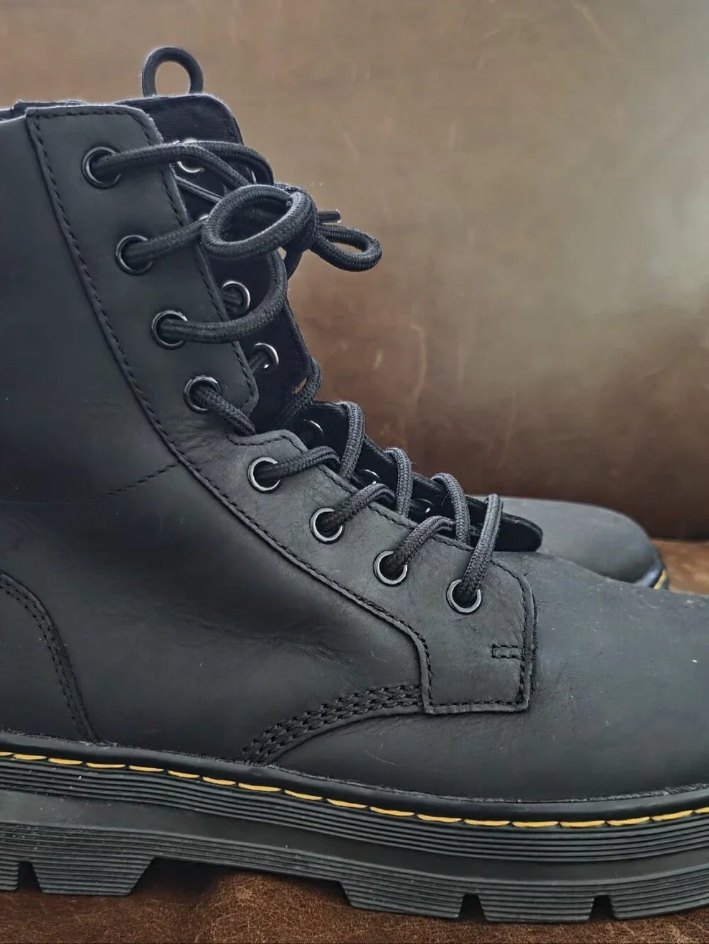 Dr. Martens Black Leather 8-Eye Lace-Up Boots with Yellow Stitch Bouncing Souls